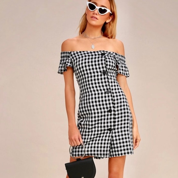 Lulus Dresses & Skirts - “Check, Please” Classic Gingham Off-Shoulder Dress